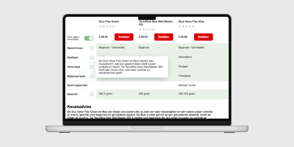 Screenshot van de vergelijker met daarin drie padelrackets
